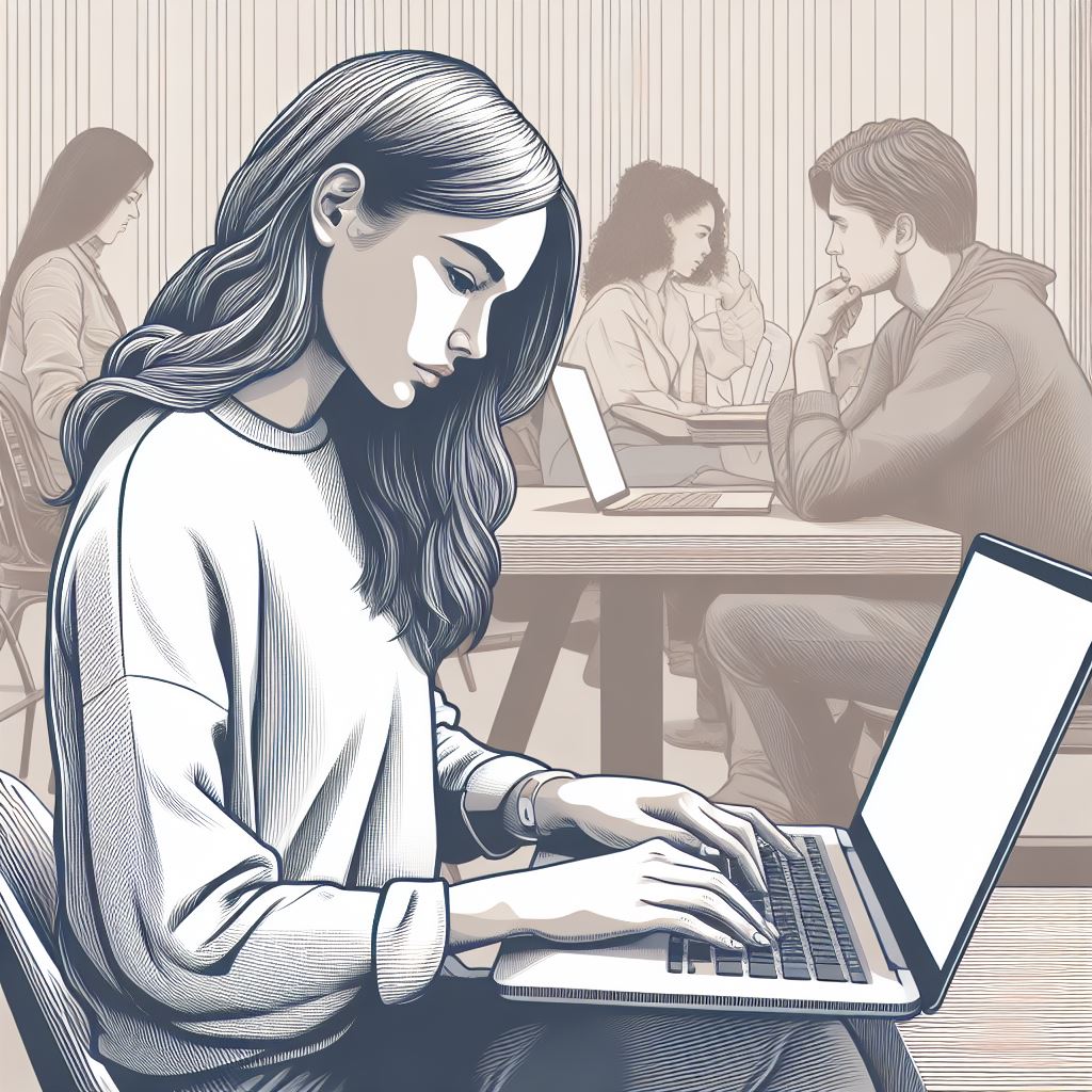 realistic illustration of a blogger working from a cafe